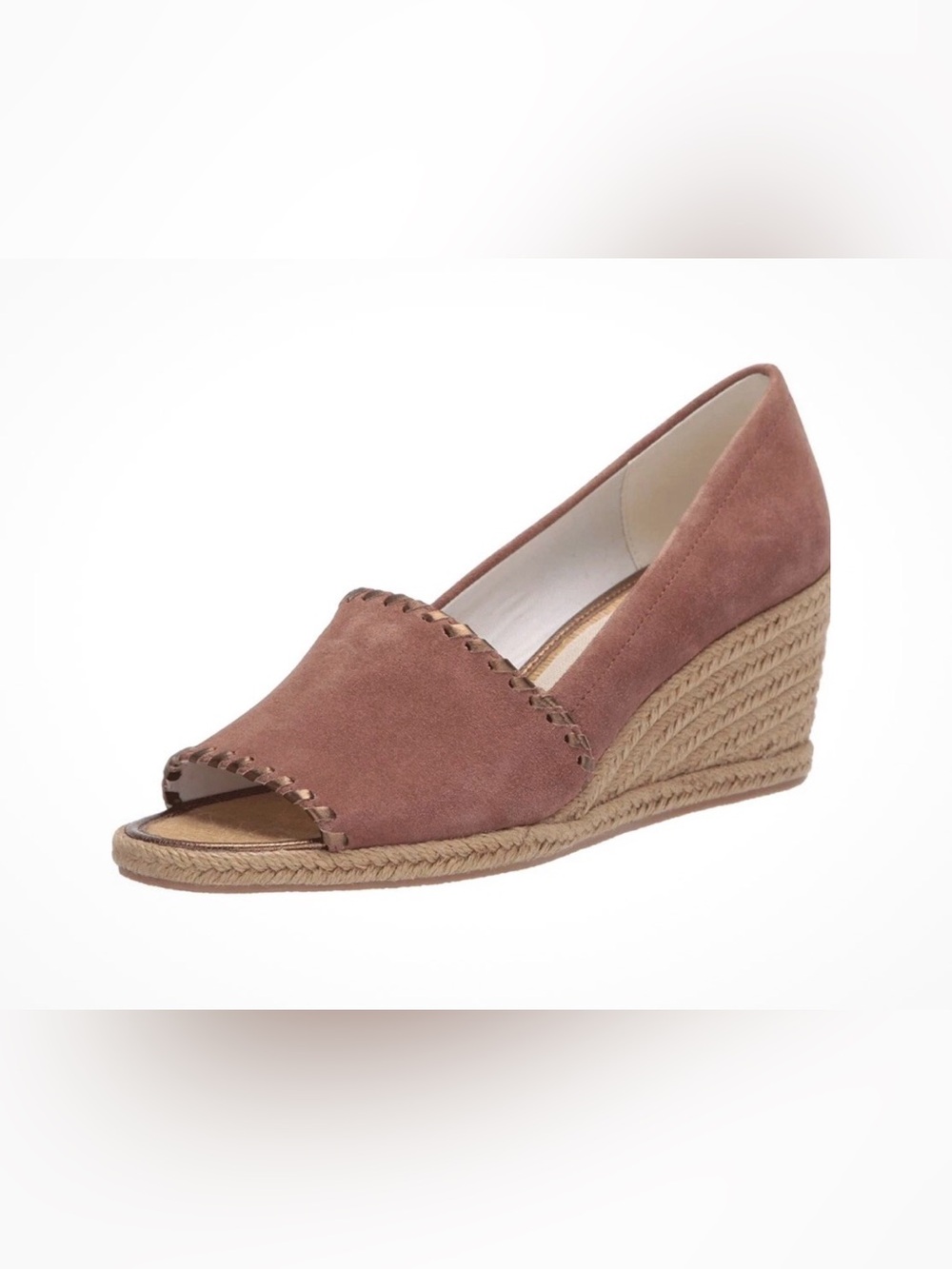 Jack Rogers Palmer Espadrille Wedge Sandals Rose Gold Suede Whipstitch Peep Toe